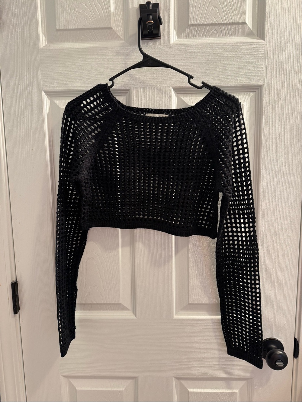 Zenana Black Crochet Long-Sleeve Crop Top, NWOT, size: small